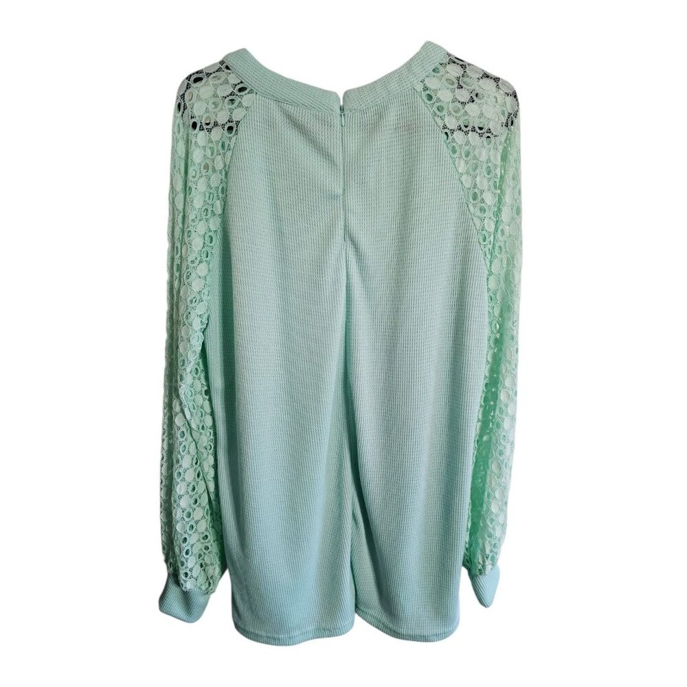 MIHOLL Womens Large Mint Green Waffle Knit Lace Sleeve Blouse Top Luxury Preppy - Picture 3 of 6